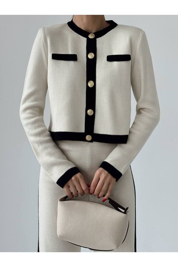 Women's Gold Button Detailed Cardigan Trousers Bottom Top Double Knitwear Set - White