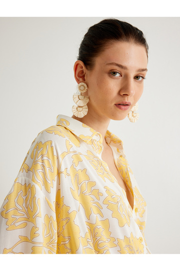 X Selected by Melis Ağazat - Long Balloon Sleeve Oversize Shirt Floral Viscose Fabric