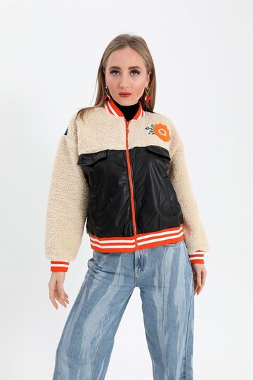 Elastic Waist Embroidered Leather Plush Jacket Coat - Black