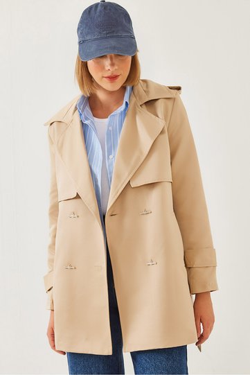 Women's Beige Front Aller Detail Medium Length Trench Coat 2423 60351113