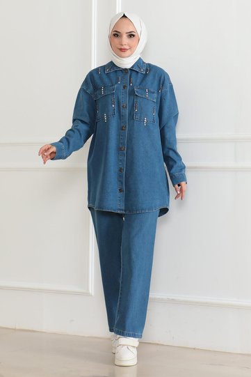Pocketed Stone-Detail Denim Set Blue 19207