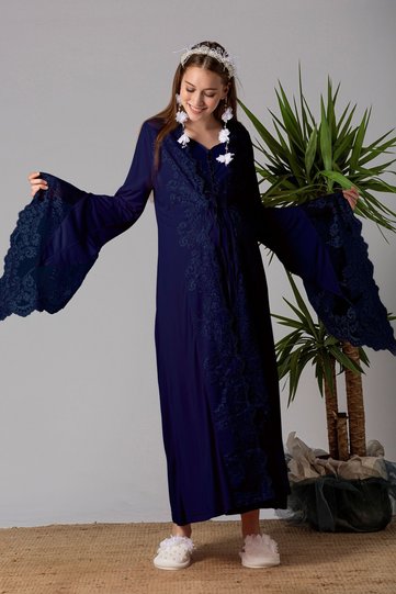 Effortt Navy Maternity and Postpartum Nightgown Set with Robe