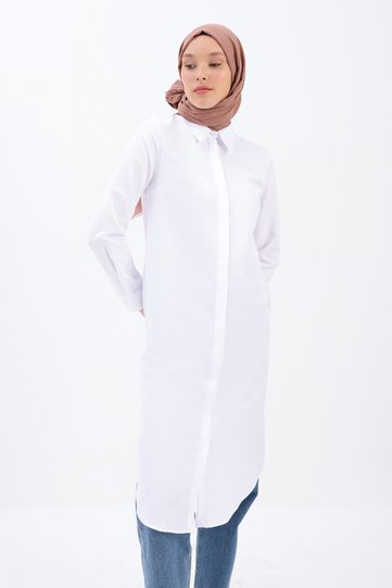 White Basic Hidden Placket Long Shirt