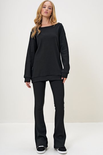 Women's Black Boat Neck Camisole Oversize Blouse and Spanish Flare Pants Set Alc-X13059
