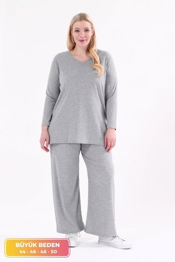 Large Size Side Slit Double Suit with Corded Comfortable Trousers Tunic 2-Piece Stylish Bottom-Top Set