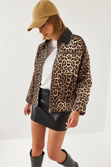 Women's Black Camel Leopard Patterned Coat with Leather Collar Detail 60351236