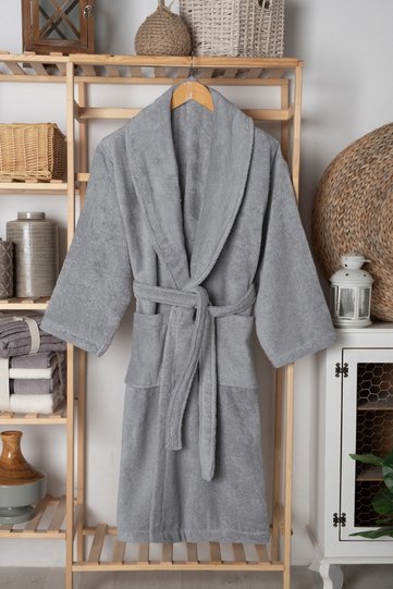 100% Cotton Unisex Gray Bathrobe - High Water Absorbent & Soft Shawl Collar Bathrobe -