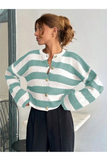 Women's Knitwear Striped Gold Buttoned Jacket Cardigan