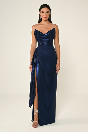 Shiny Fabric Side Slit Long Dress