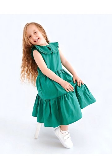 Girl's Green Color Terry Cotton Long Dress