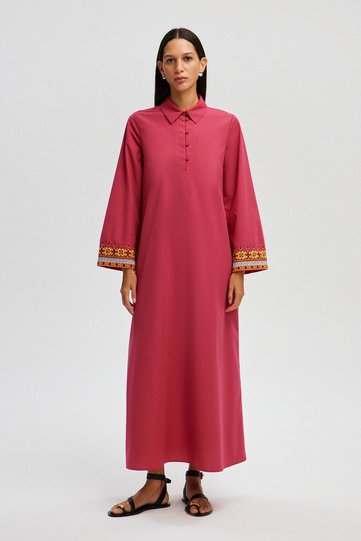 SLEEVE EMBROIDERED POPLIN DRESS