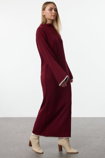 Claret Red Stitching Detailed Long Knitwear Dress Tctaw25Eb00001