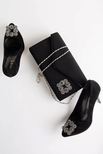 Women's 7 cm Heeled Black Suede Stone Detailed Bag Combination Stiletto Set