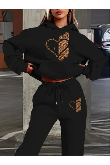 Leopard Print Oversized Hooded Top and Bottom Tracksuit Set