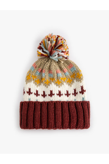 Knitted Knitwear Beanie with Patterned Pompom Detail