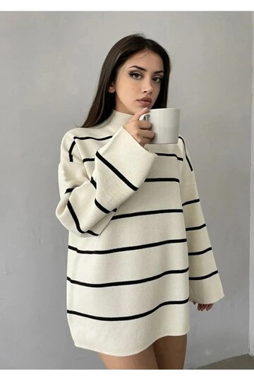 Women's White Oversize Striped Half Turtleneck Knitwear Sweater, Striped Sweater