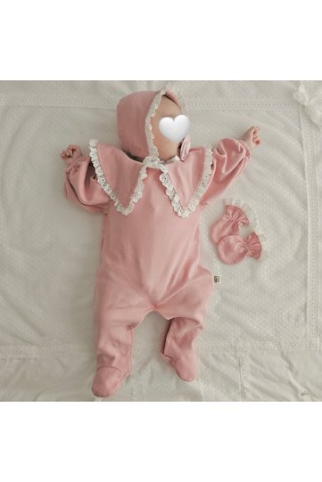 Newborn Baby Girl Lora Jumpsuit with Hat, Lace Detail, Booties and Gloves Newborn Baby