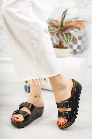 Women's Slippers Black Buckled Full Orthopedic Comfortable Slippers Soft Comfortable Showy