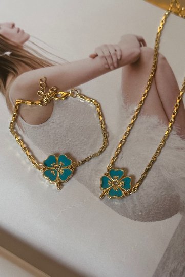Blue Clover Bracelet Necklace Set