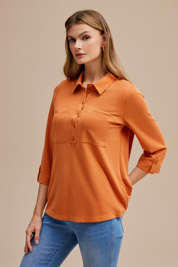 Shirt Neck Half Placket Knitted Blouse