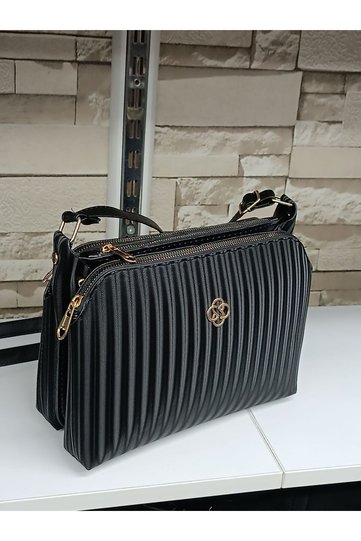 Black Striped Patterned Three-Compartment Vegan Leather Adjustable Shoulder Crossbody Strap Quality Bag
