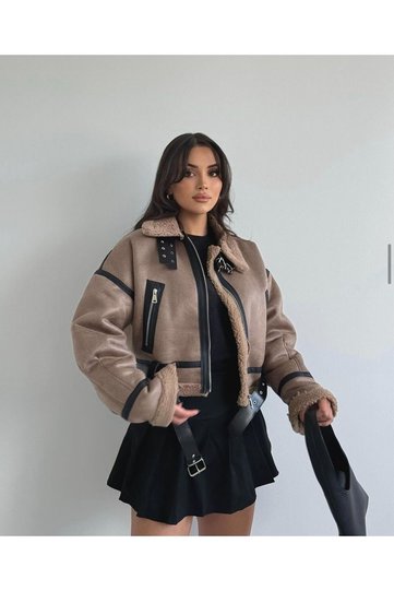 Women's Laminated Leather Coat with Fur Belt Detail, Milk Coffee Color