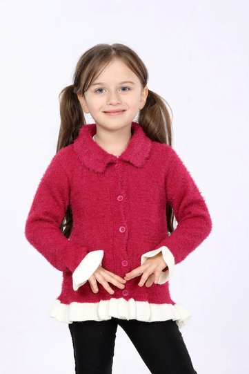 Girl's Regular Fit Shirt Collar Buttoned Cardigan