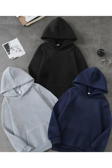 Unisex 3-Piece Navy Blue - Black - Grey Basic Plain Hooded Sweatshirt Set with Kangaroo Pocket Hoodie