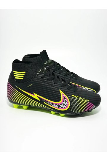 High-Top Sock Football Field Turf Soccer Cleats with Transparent Soles Red Black