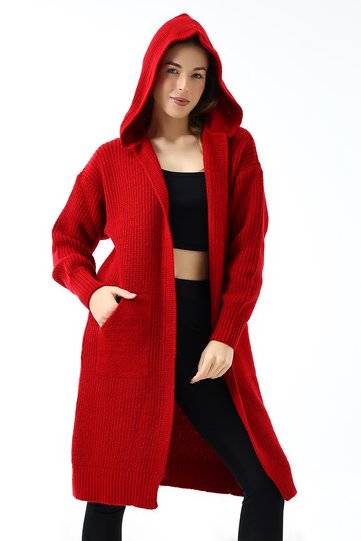 Women's Red Hooded Oversize Loose Long Pocket Knitwear Cardigan