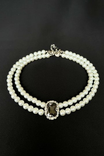 Black Crystal Prong Pearl Choker Necklace