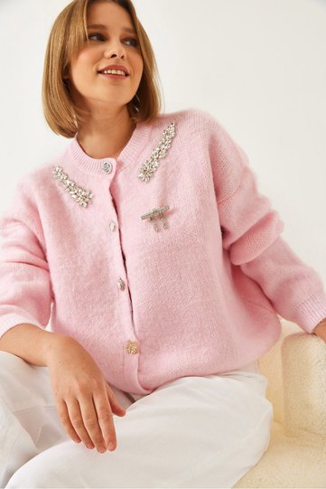 Women's Powder Collar Stoned Embellished Knitwear Cardigan 20246266