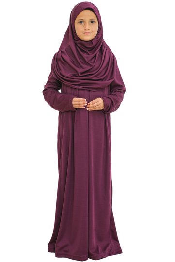 Two Pieces Kids Prayer Dress Set Suit with Scarf, Islamic Clothing Suit for Girls - Purple