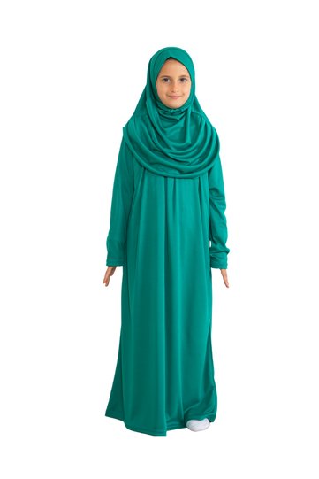 Two Pieces Kids Prayer Dress Set Suit with Scarf, Islamic Clothing Suit for Girls - Green