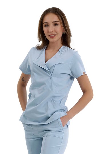 Single Top Special Collar Doctor and Nurse Surgical Scrub with Invisible Zipper Baby Blue | BRLMEDİKAGO
