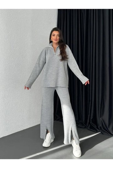 Zipper Detail Knitwear Sweater Trousers Double Set