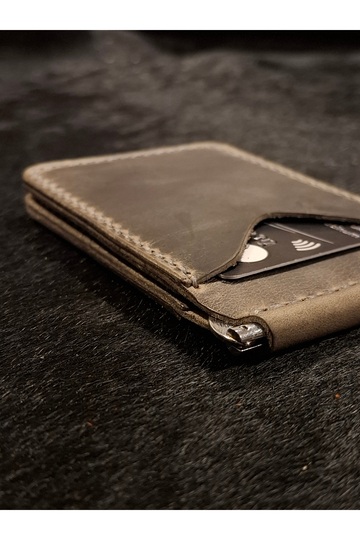 Money Clip Wallet Gray Genuine Leather Handmade Card Holder Wallet Slim Design