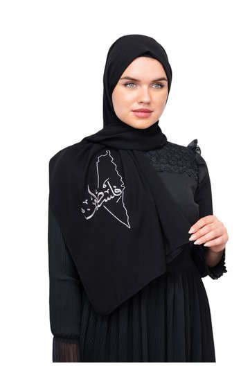 Polyster Black Shawl with Palestinian Map and the Word'Palestine' in Arabic Embroidered in Silver Color S100023