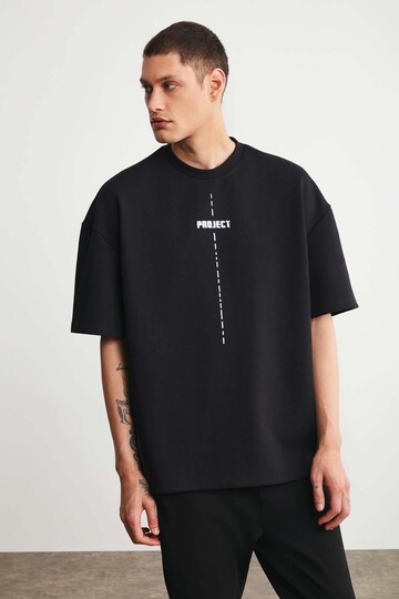 Project Men's Print Detailed Oversize Fit 100% Organic Cotton Knitted Crew Neck Knitted Black T-Shirt