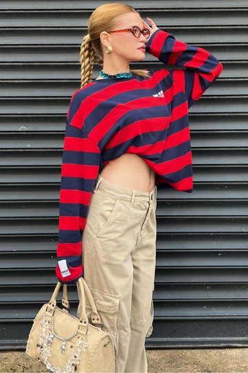 Red Navy Blue Striped Oversize Crew Neck Long Sleeve T-Shirt