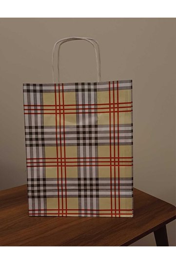 Cream Black and Red Plaid Pattern Kraft Cardboard Gift Bag with White Twisted Handle 25X12X31Cm (5Pcs)