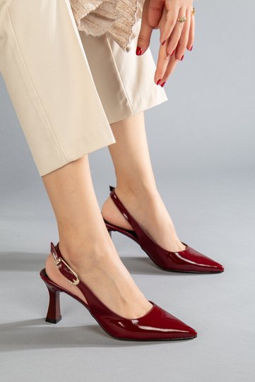 Women's Burgundy Patent Leather Pointed Toe Thin Heeled Slingback Shoes