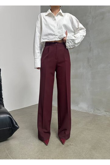 High-Waisted Pleated Palazzo Pants in Burgundy Fabric