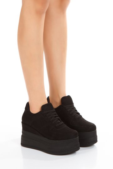 Women's Black Wedge Heel Suede Casual Shoes Sneakers Heels for Comfort