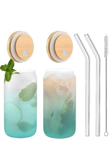 2 Glass Cups with Bamboo Lids and Straws as a Gift