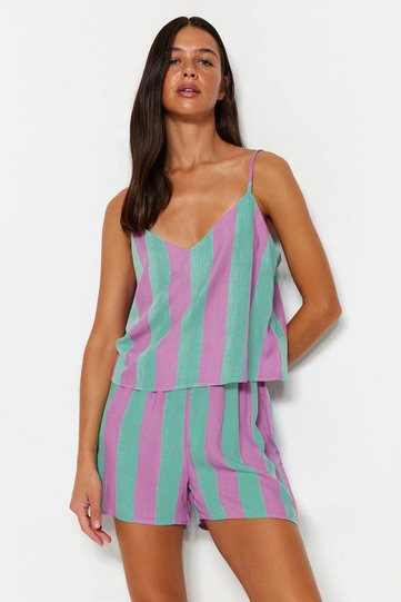 Multicolor Striped Spaghetti Strap Viscose Woven Pajama Set with Shorts THMSS23PT00225