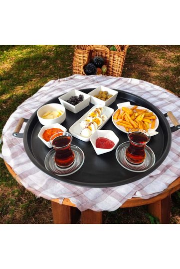 50 cm Round Metal Tray with Wooden Handle Breakfast Tea Coffee Presentation Tray