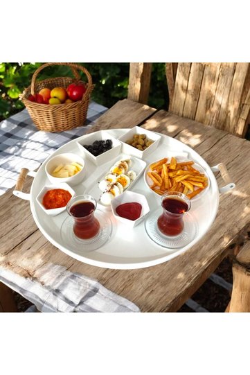 50 cm Round Metal Tray with Wooden Handle Breakfast Tea Coffee Presentation Tray