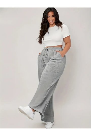 Winter Brushed Inside Gray Plus Size Casual, Women's Plus Pocketed Solid High-Stretch Straight Leg Pants