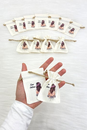 Bride Figure Printed Textured Pouch, 10 Pieces Size 7X9Cm, Gift Gold Jewelry Lavender Promise Engagement Henna Wedding